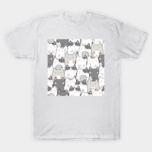 Kawaii Cute Cats Pattern Grey Shades T-Shirt